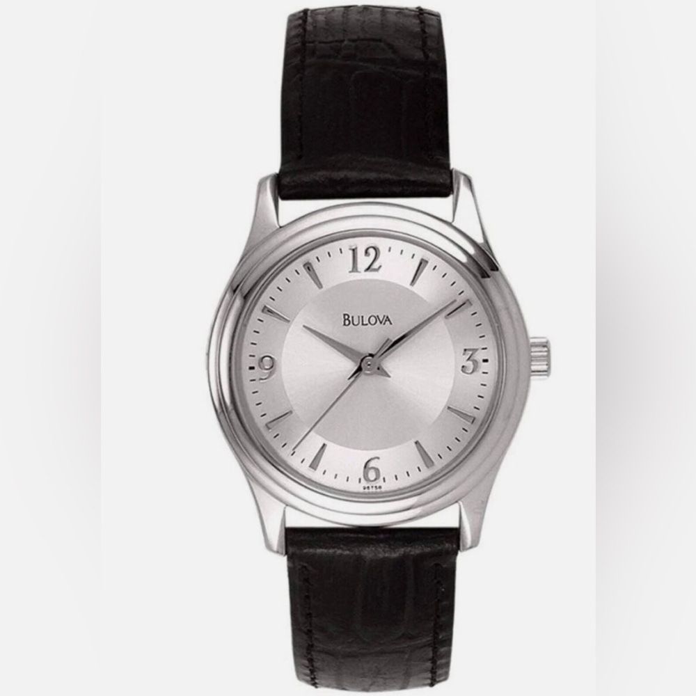 NWT Bulova 96T58 Black Leather Strap Silver Dial Classic Ladies Watch